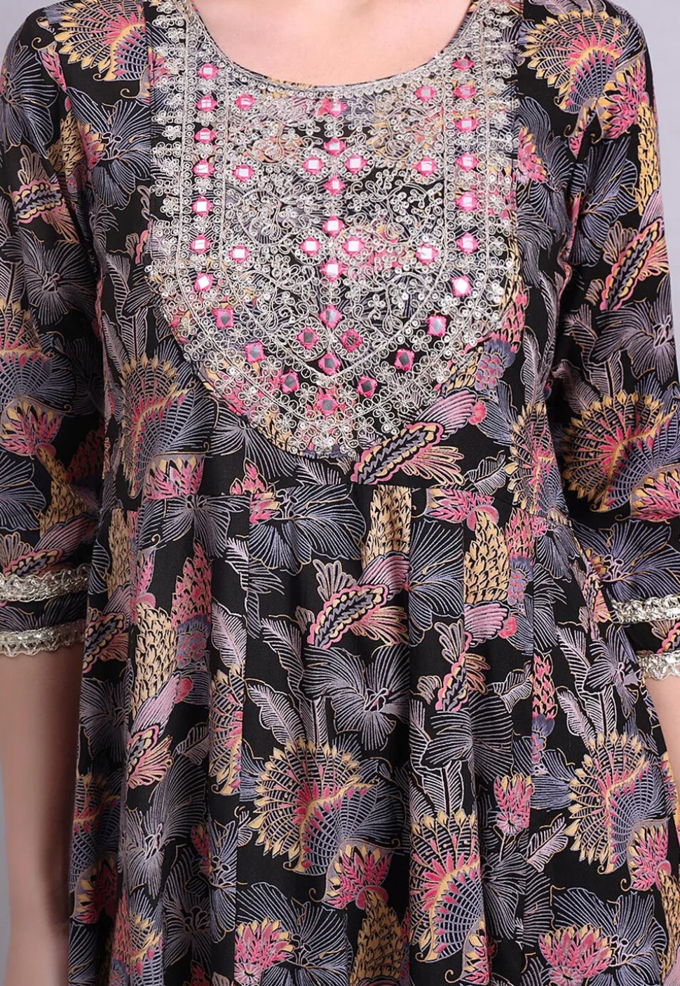 Digital Printed Cotton Long Kurta in Black