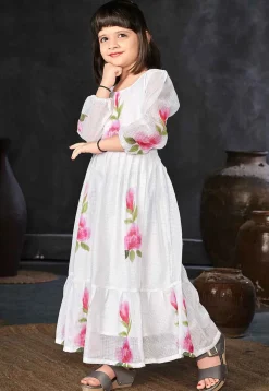 Digital Printed Cotton Maxi Dress in Off White
