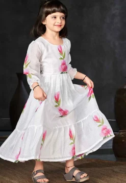 Digital Printed Cotton Maxi Dress in Off White