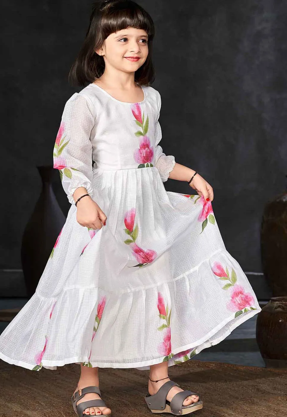 Digital Printed Cotton Maxi Dress in Off White