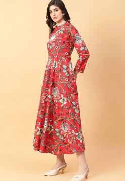 Digital Printed Cotton Maxi Dress in Red