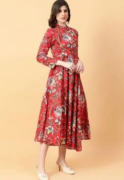 Digital Printed Cotton Maxi Dress in Red