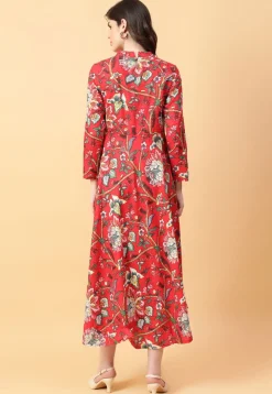 Digital Printed Cotton Maxi Dress in Red