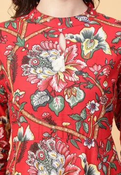 Digital Printed Cotton Maxi Dress in Red