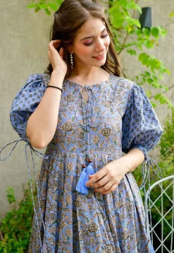 Digital Printed Cotton Maxi Dress in Grey and Blue