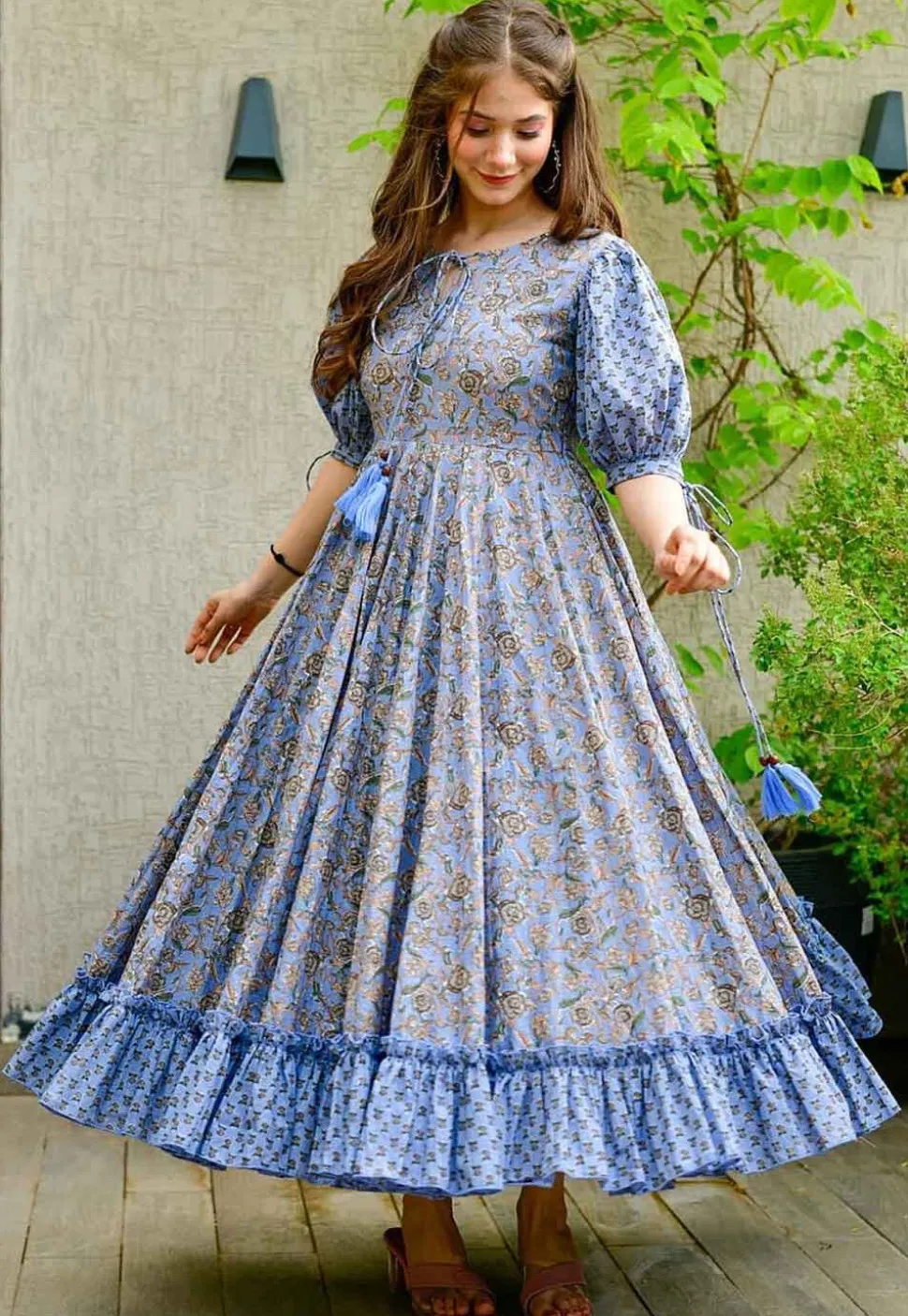 Digital Printed Cotton Maxi Dress in Grey and Blue