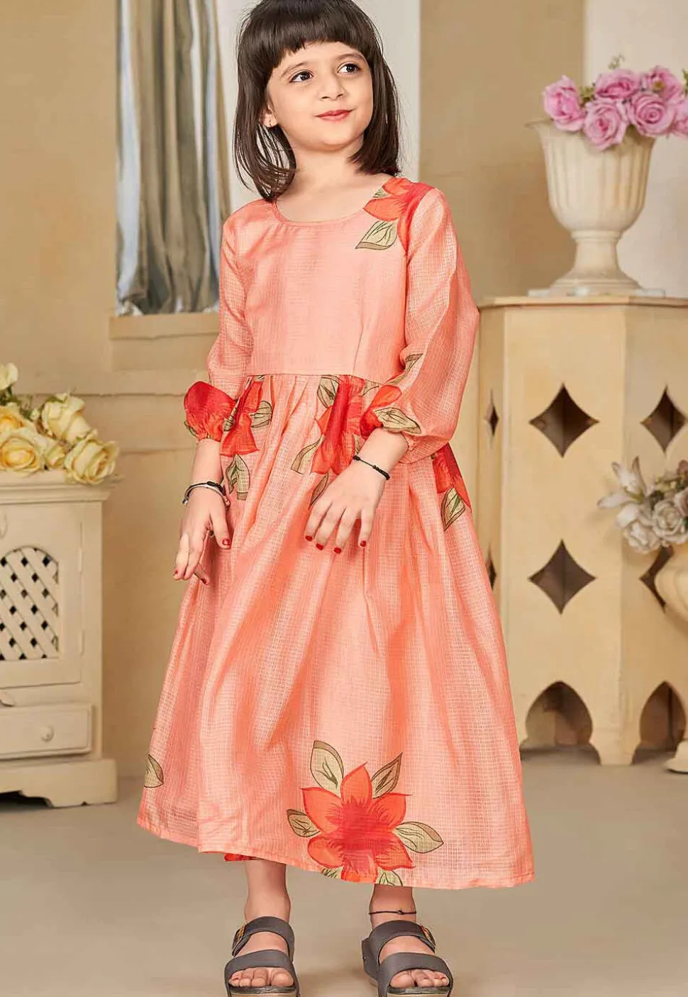 Digital Printed Cotton Maxi Dress in Peach