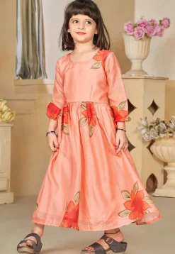 Digital Printed Cotton Maxi Dress in Peach