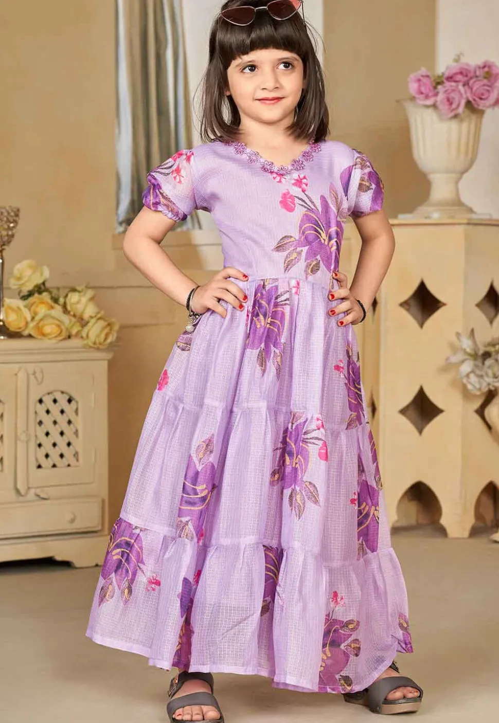 Digital Printed Cotton Maxi Dress in Purple