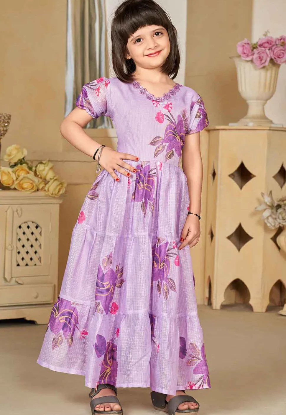 Digital Printed Cotton Maxi Dress in Purple