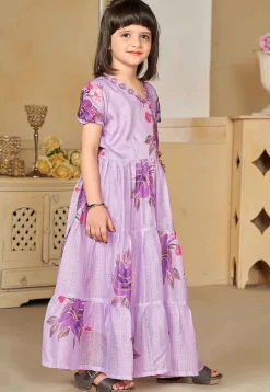 Digital Printed Cotton Maxi Dress in Purple