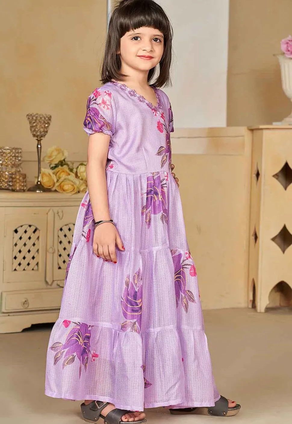 Digital Printed Cotton Maxi Dress in Purple