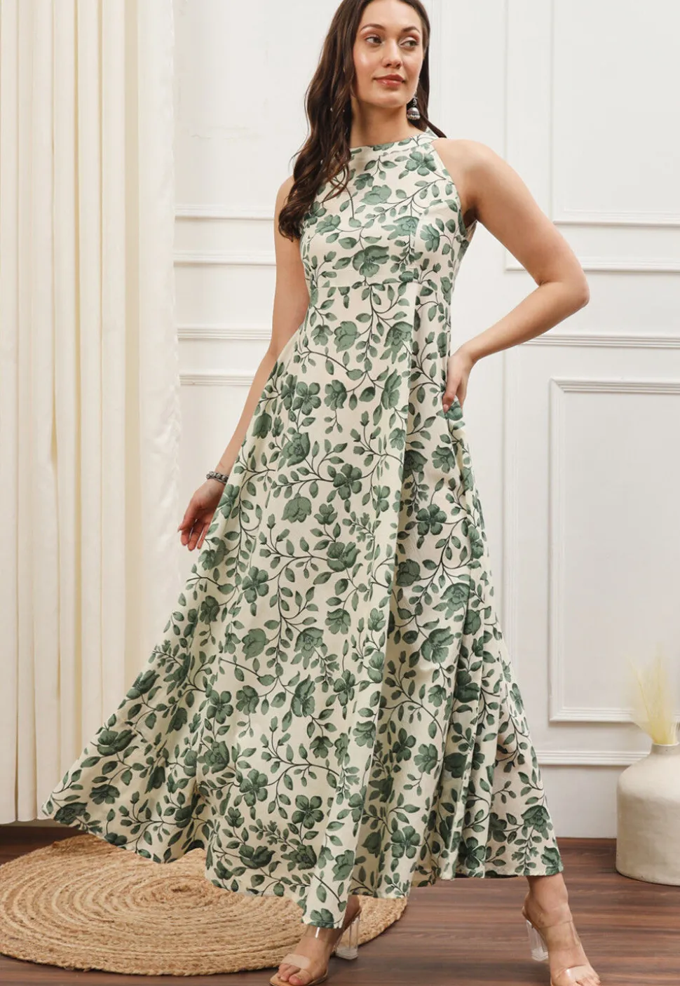 Digital Printed Cotton Maxi Dress in Cream