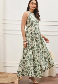 Digital Printed Cotton Maxi Dress in Cream