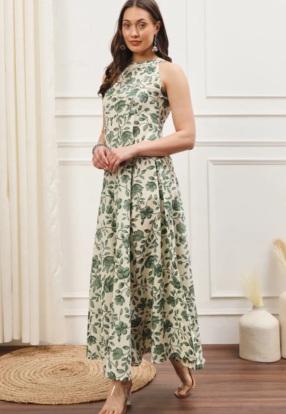 Digital Printed Cotton Maxi Dress in Cream
