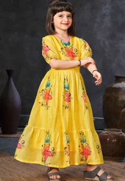 Digital Printed Cotton Maxi Dress in Yellow