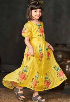 Digital Printed Cotton Maxi Dress in Yellow