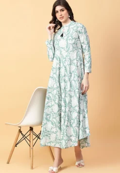 Digital Printed Cotton Maxi Dress in Light Green