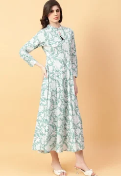 Digital Printed Cotton Maxi Dress in Light Green