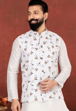 Digital Printed Cotton Nehru Jacket in White