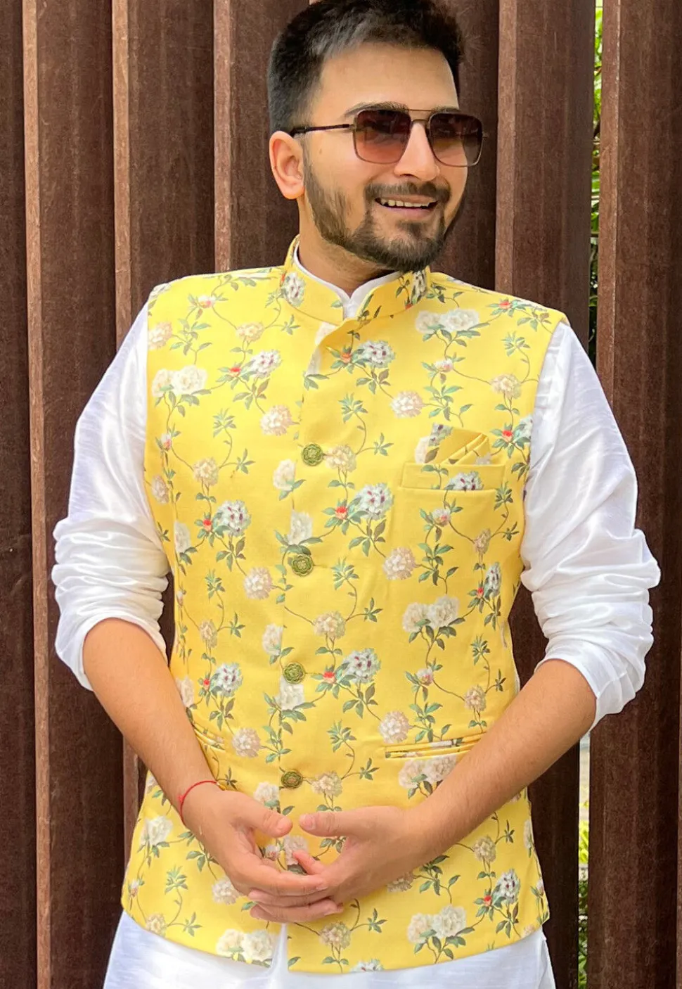 Digital Printed Cotton Nehru Jacket in Yellow