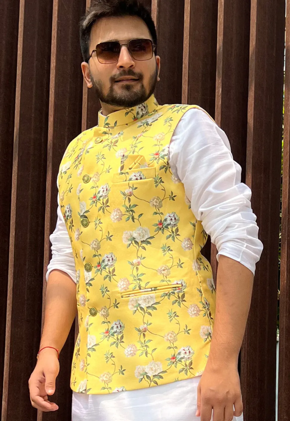 Digital Printed Cotton Nehru Jacket in Yellow