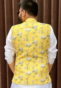 Digital Printed Cotton Nehru Jacket in Yellow