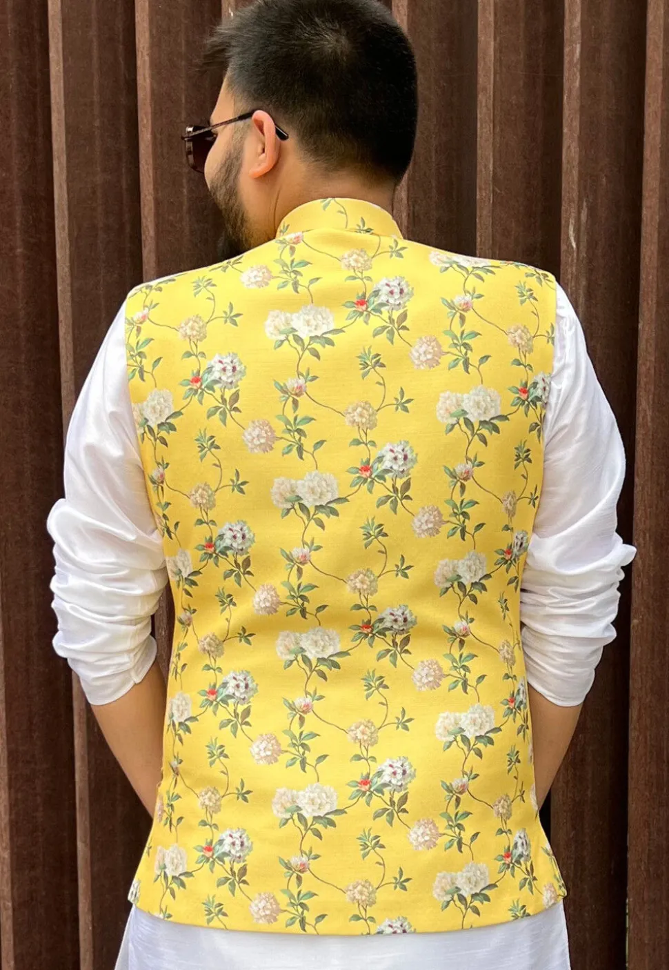 Digital Printed Cotton Nehru Jacket in Yellow