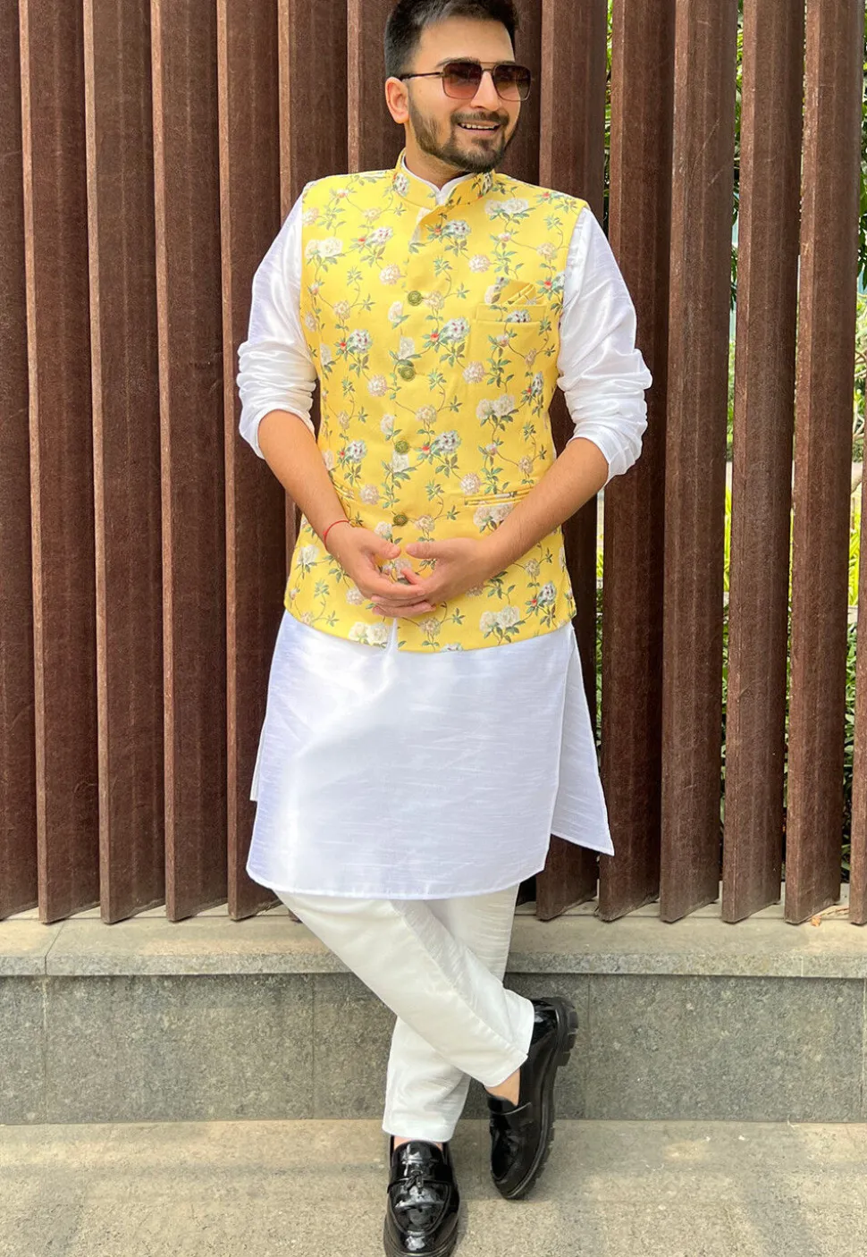 Digital Printed Cotton Nehru Jacket in Yellow