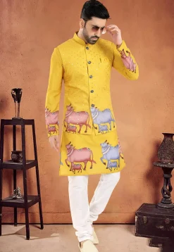 Digital Printed Cotton Nehru Jacket in Yellow