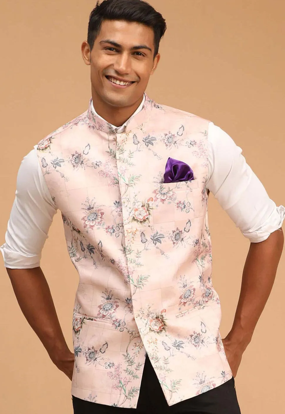 Digital Printed Cotton Nehru Jacket in Peach