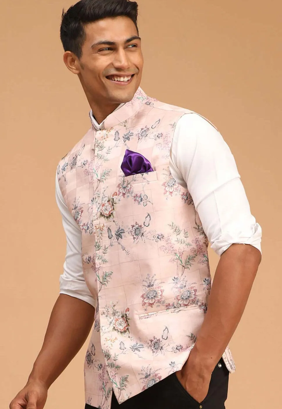 Digital Printed Cotton Nehru Jacket in Peach
