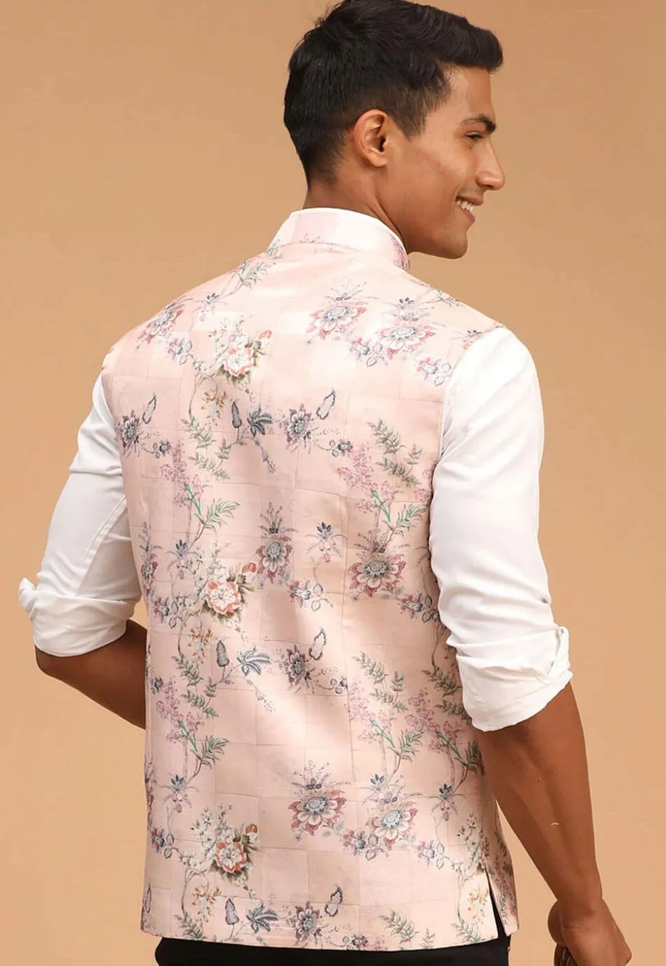 Digital Printed Cotton Nehru Jacket in Peach