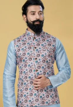 Digital Printed Cotton Nehru Jacket in Baby Pink