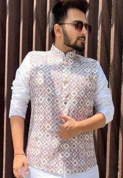 Digital Printed Cotton Nehru Jacket in Light Purple