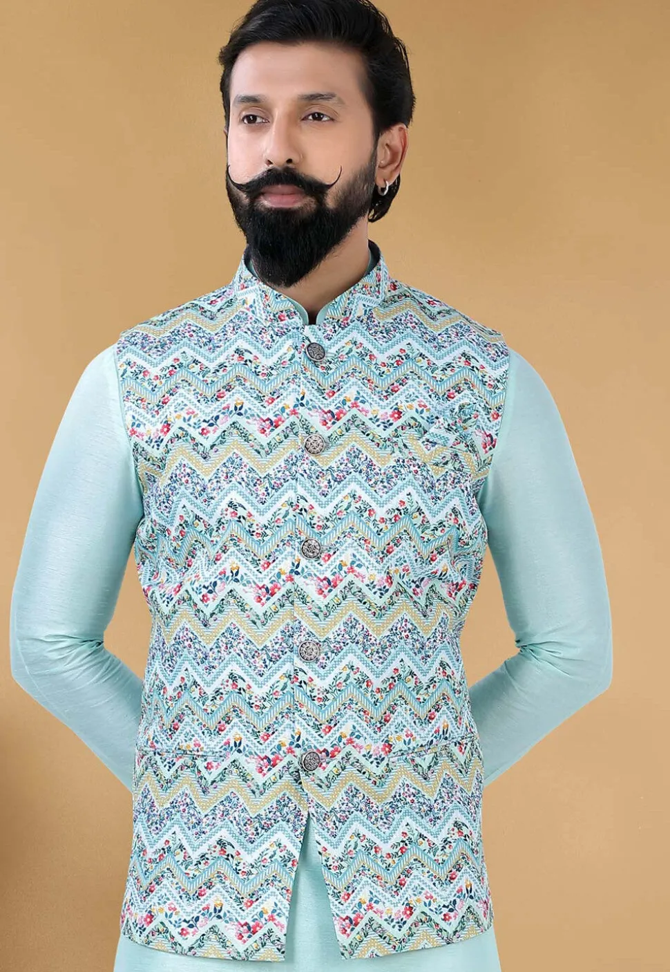 Digital Printed Cotton Nehru Jacket in Sky Blue