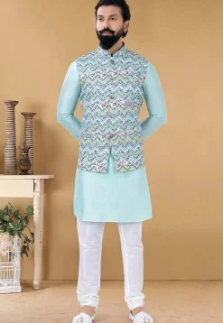 Digital Printed Cotton Nehru Jacket in Sky Blue