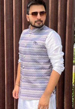Digital Printed Cotton Nehru Jacket in Blue