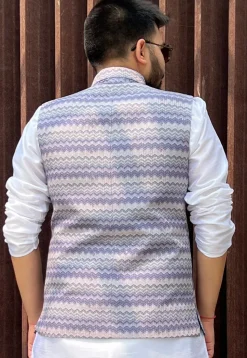Digital Printed Cotton Nehru Jacket in Blue