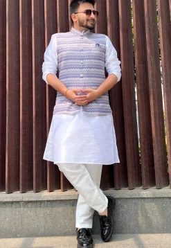 Digital Printed Cotton Nehru Jacket in Blue