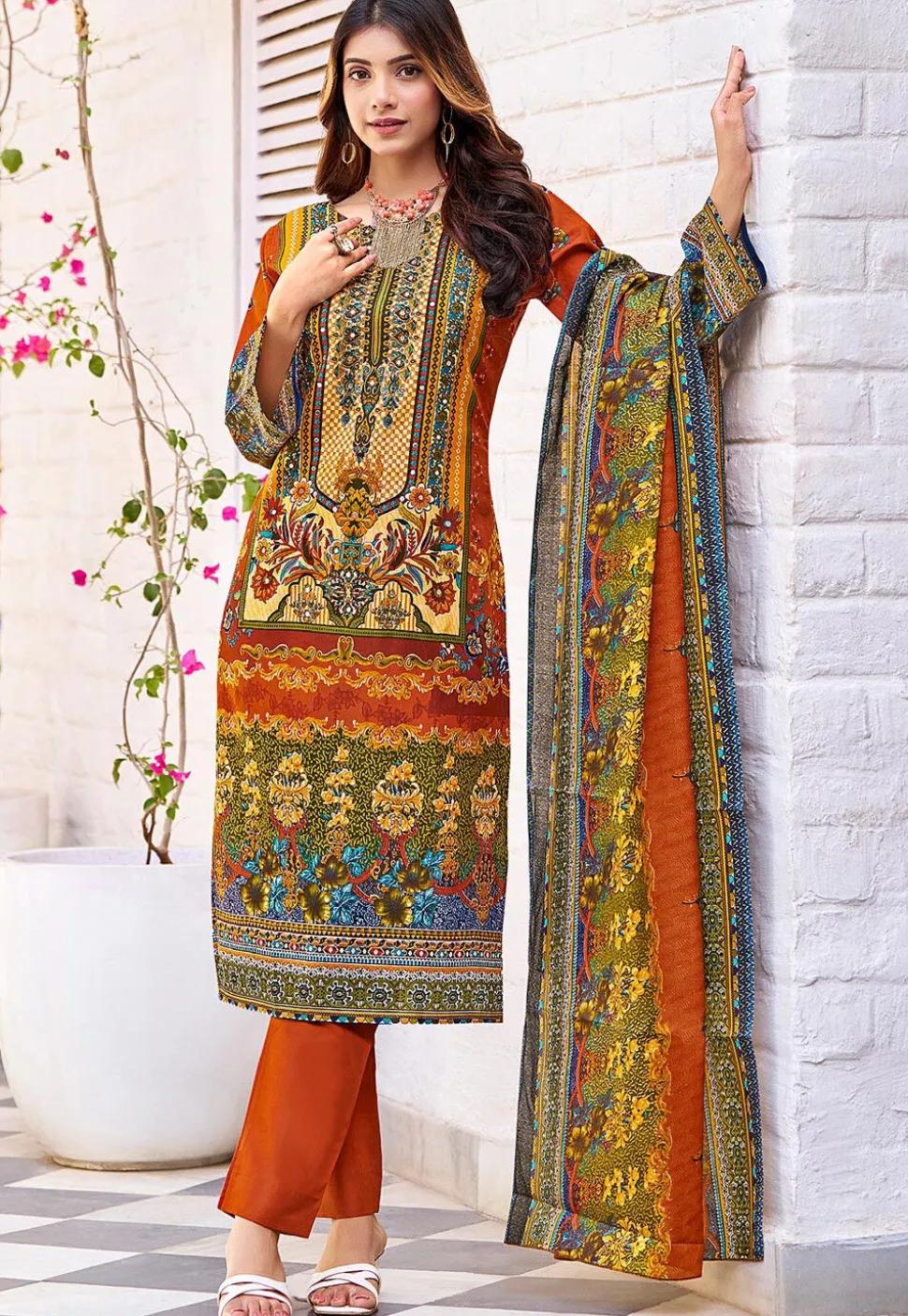 Digital Printed Cotton Pakistani Suit in Orange