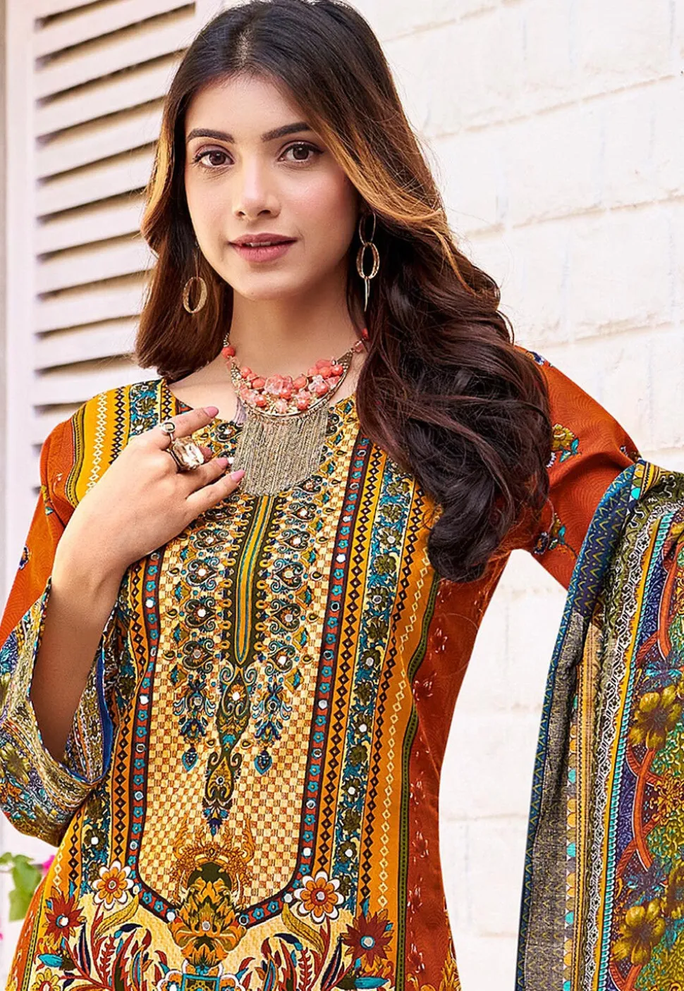 Digital Printed Cotton Pakistani Suit in Orange
