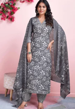 Digital Printed Cotton Pakistani Suit in Grey