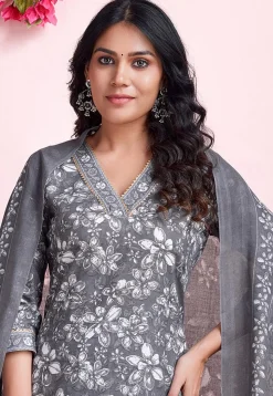 Digital Printed Cotton Pakistani Suit in Grey
