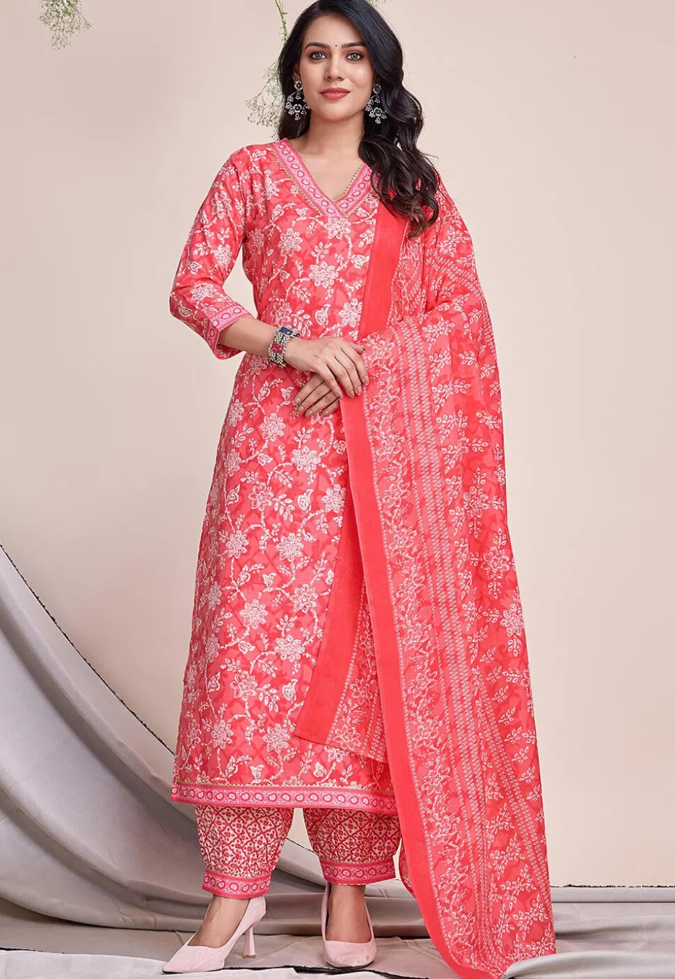 Digital Printed Cotton Pakistani Suit in Pink