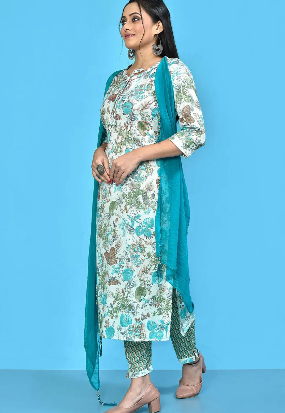 Digital Printed Cotton Pakistani Suit in White