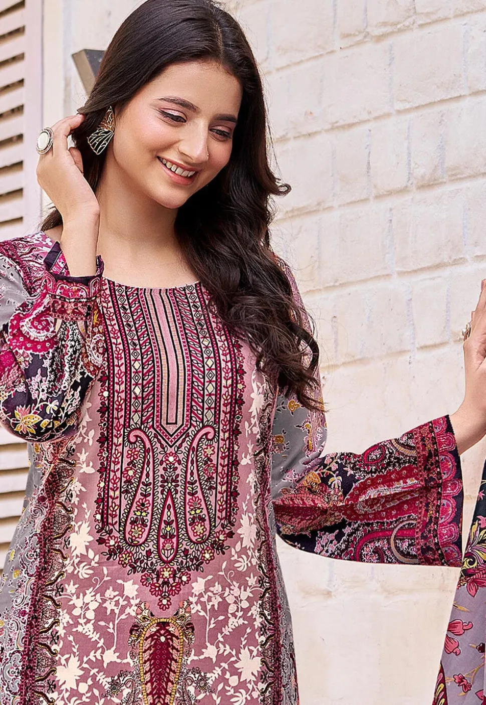 Digital Printed Cotton Pakistani Suit in Grey