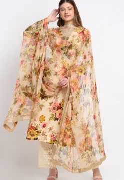 Digital Printed Cotton Pakistani Suit in Cream