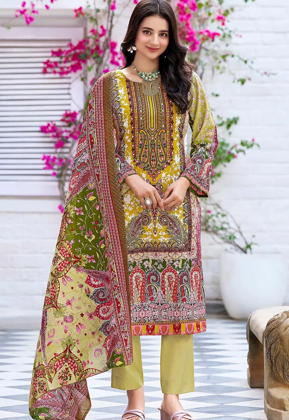 Digital Printed Cotton Pakistani Suit in Green