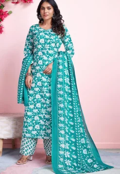 Digital Printed Cotton Pakistani Suit in Sea Green
